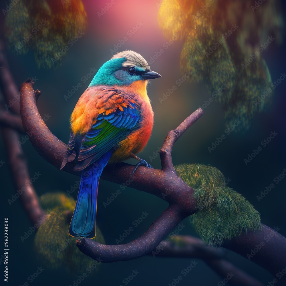 Poster a colorful bird sitting on a tree branch in a forest at night time with a bright light in the backgr