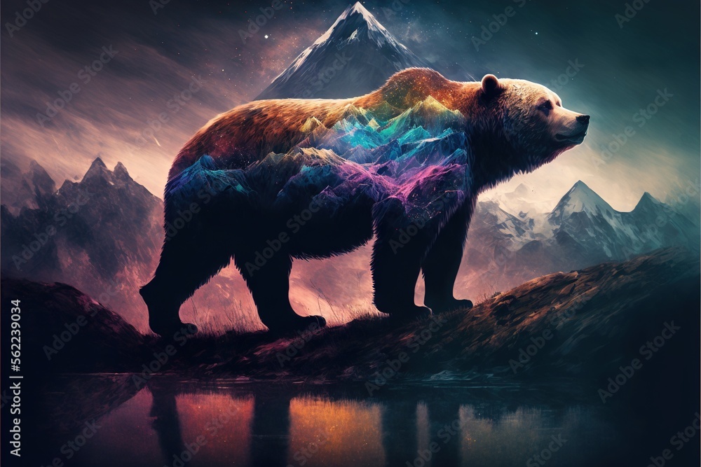 Poster a bear standing on a hill with a mountain in the background and a lake below it with a rainbow color