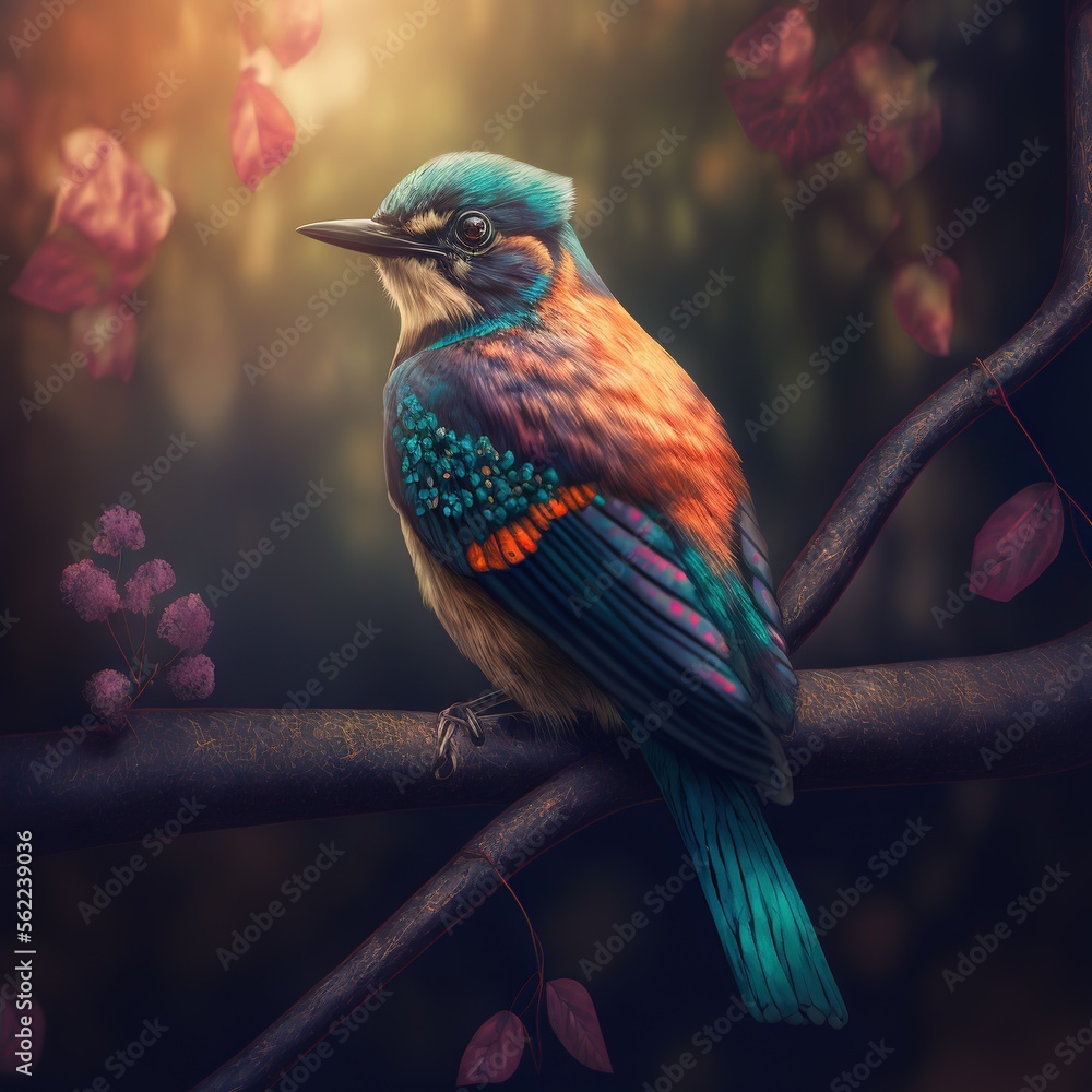 Poster a colorful bird sitting on a branch with pink flowers in the background and a sunbeam in the backgro