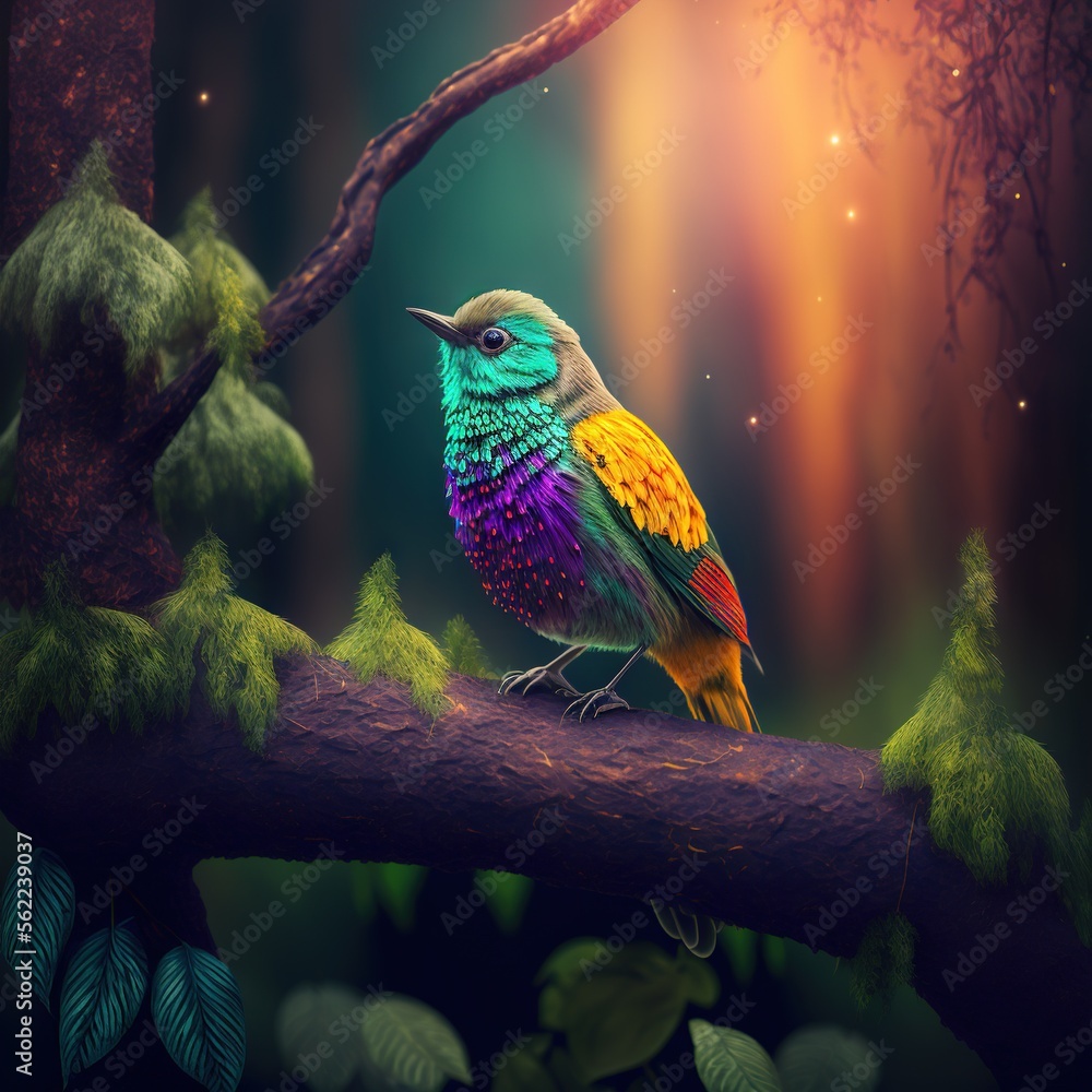 Poster a colorful bird sitting on a branch in a forest with a tree branch in the foreground and a forest ba