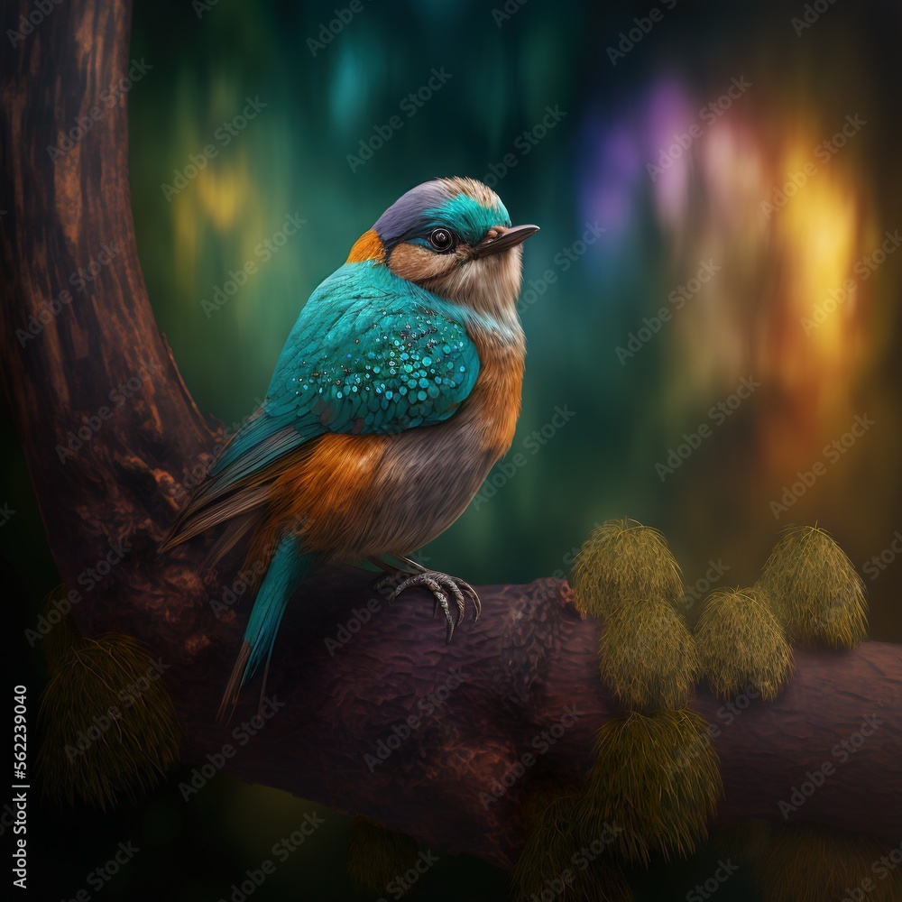 Poster a colorful bird sitting on a branch in a forest at night time with a colorful background and a blurr