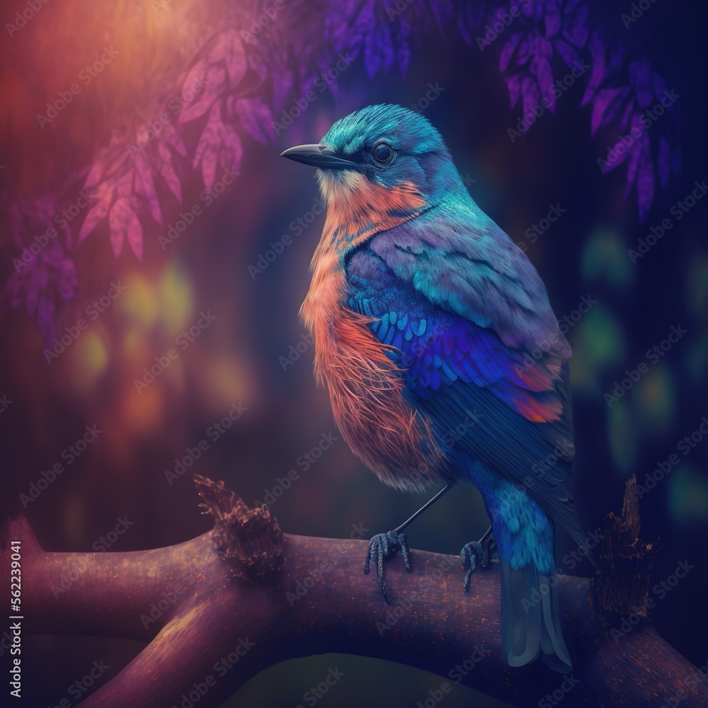 Poster a colorful bird sitting on a branch in a tree with leaves and a purple background with a red and blu
