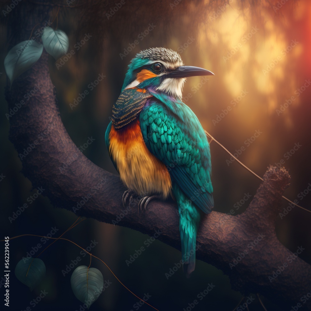 Poster a colorful bird sitting on a branch in a tree with leaves around it and a bright background behind i