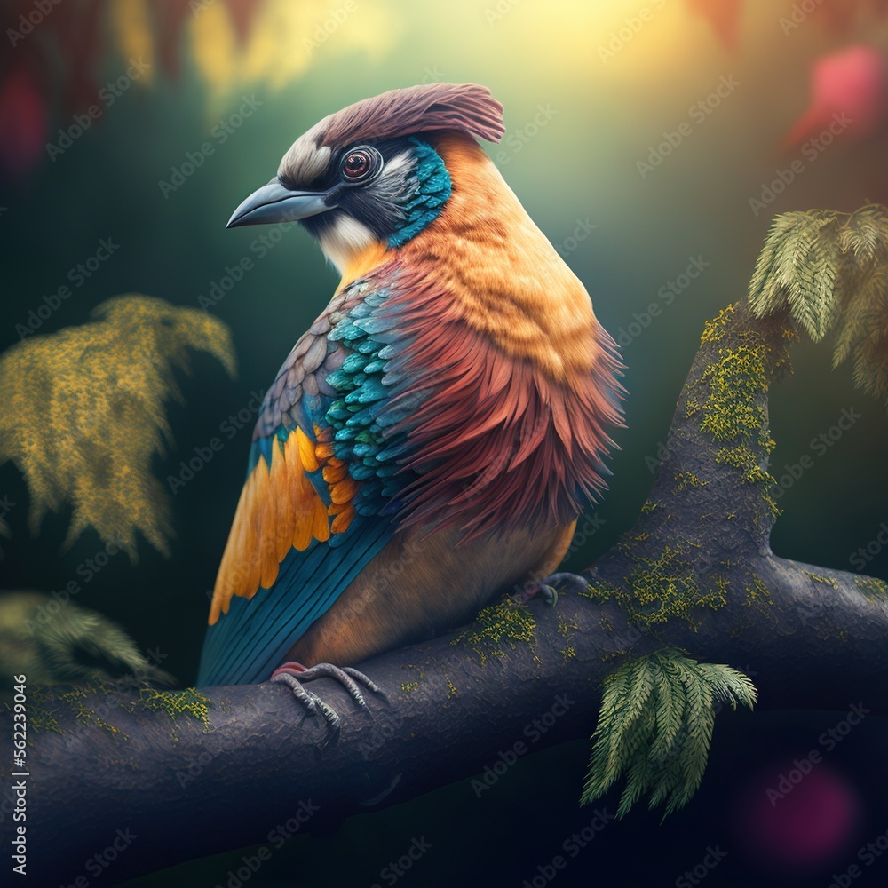 Poster a colorful bird sitting on a branch of a tree in the forest with mossy branches and leaves around it