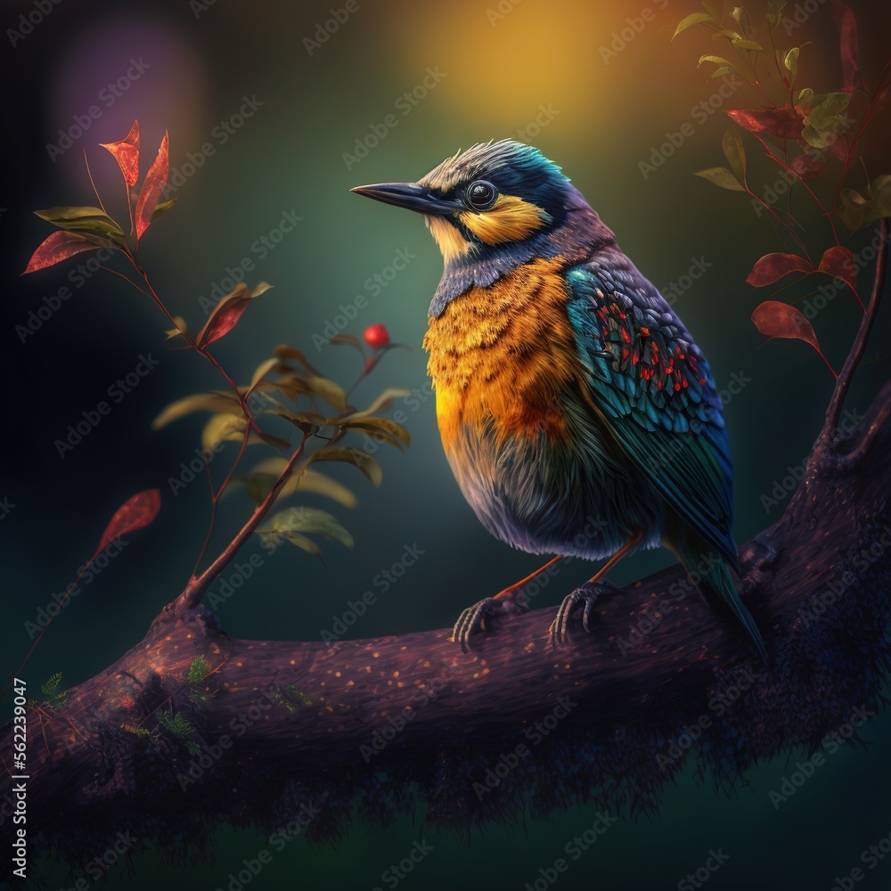 Poster a colorful bird sitting on a branch of a tree with red flowers in the background and a dark backgrou