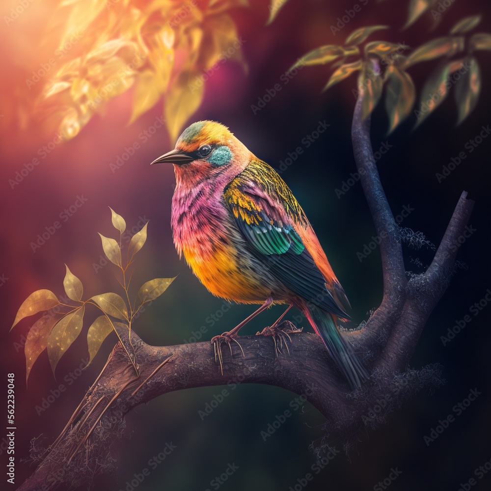 Poster a colorful bird sitting on a branch of a tree with leaves in the background and a bright light shini