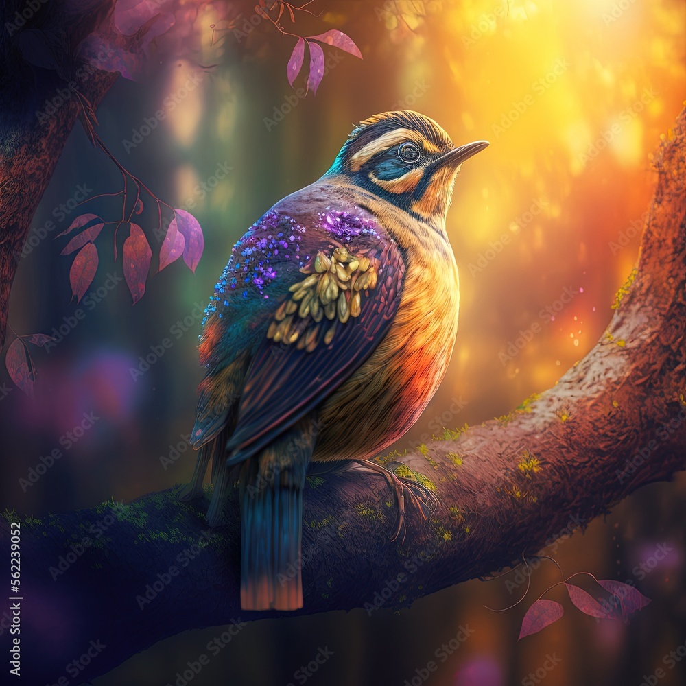 Poster a bird sitting on a branch in a tree with leaves and a sun in the background with a blurry backgroun