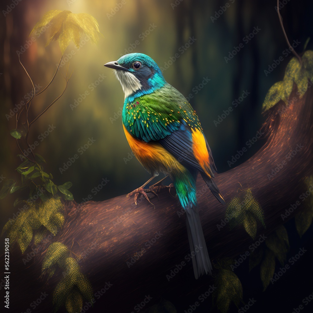 Aufkleber a colorful bird sitting on a branch in a forest with leaves and a light shining on it's back end and