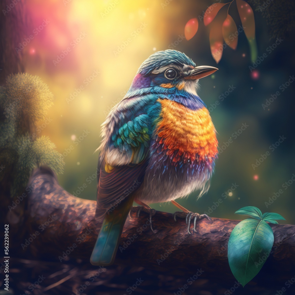 Poster a colorful bird sitting on a branch in the forest with leaves around it and a bright background behi