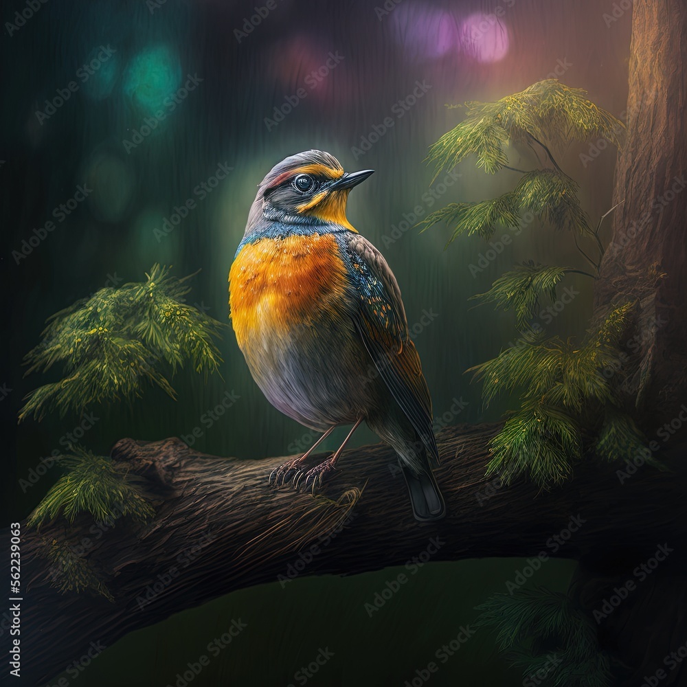 Poster a bird sitting on a tree branch in a forest with a bright light in the background and a tree branch 