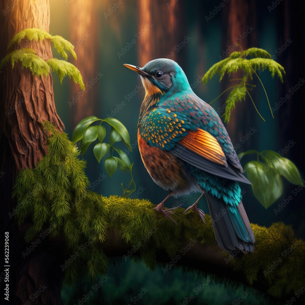 Poster a bird sitting on a tree branch in a forest with a sun shining through the trees behind it and a fer