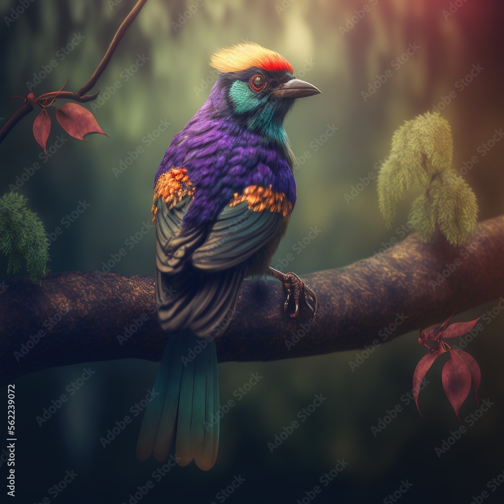 Aufkleber a colorful bird sitting on a branch of a tree with leaves and flowers around it, with a dark backgro