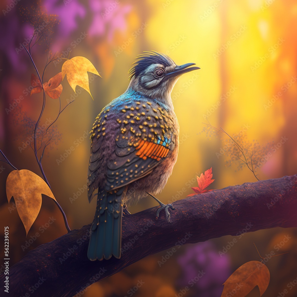 Aufkleber a bird sitting on a branch with leaves around it and a bright background behind it, with a yellow an