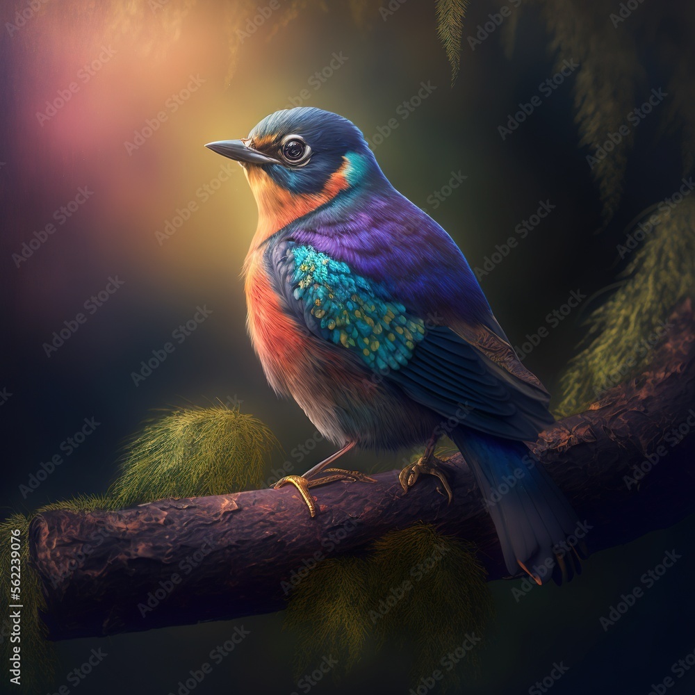 Poster a colorful bird sitting on a branch of a tree in the night time light of the sun shining on the tree