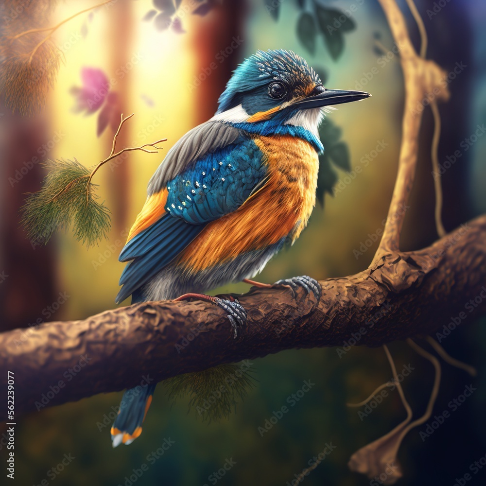 Poster a bird sitting on a branch in a forest with leaves and a tree branch in the background, with a blue 