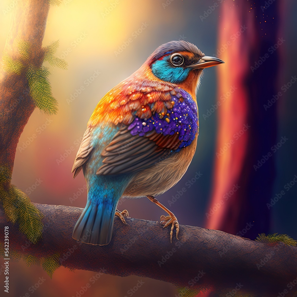 Aufkleber a colorful bird sitting on a branch in a forest with a sunset in the background and a tree branch wi