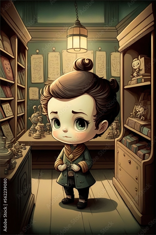 Poster a cartoon character standing in a room with a book shelf and a lamp above it, and a book case in the