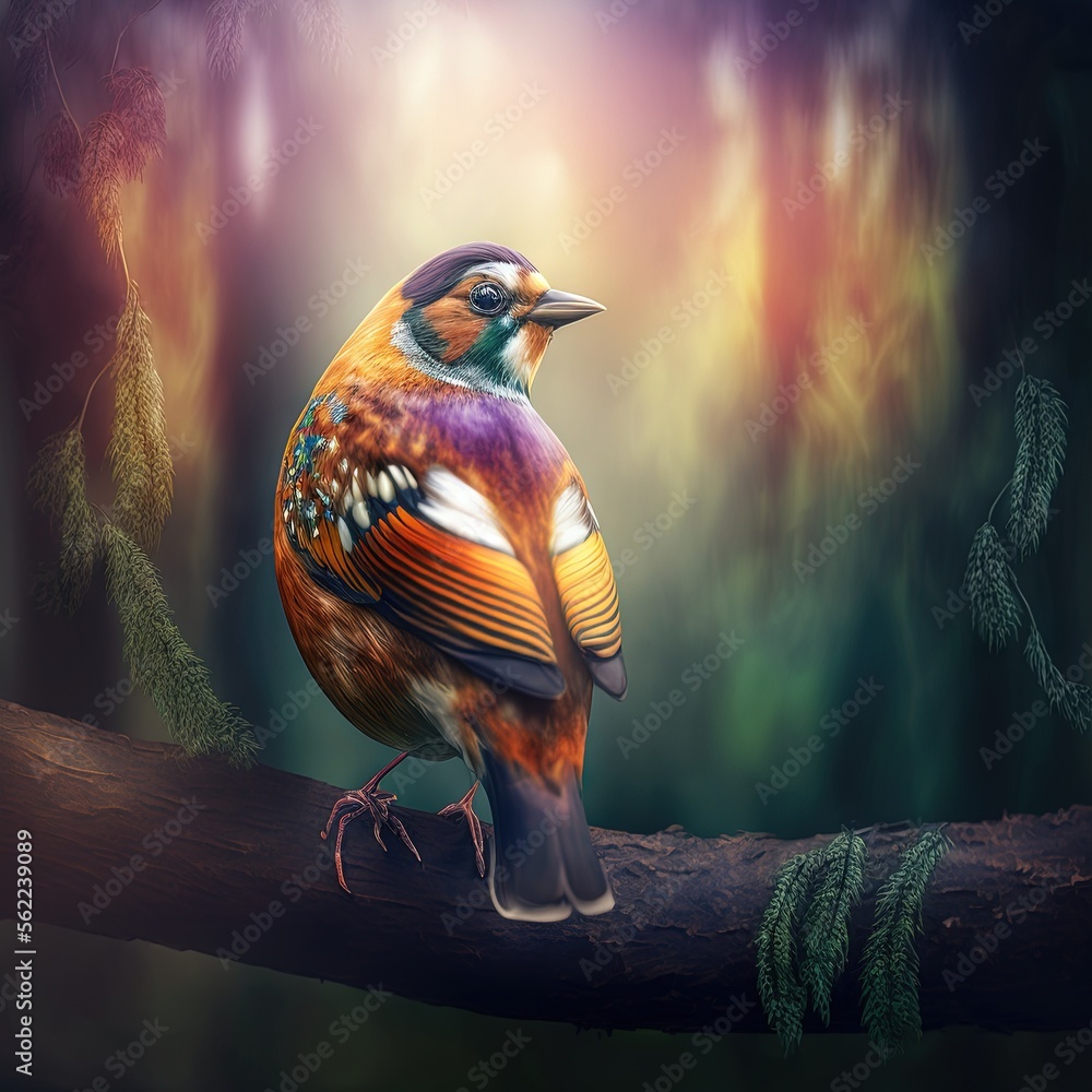 Poster a colorful bird sitting on a branch in a forest with trees and leaves in the background, with a brig
