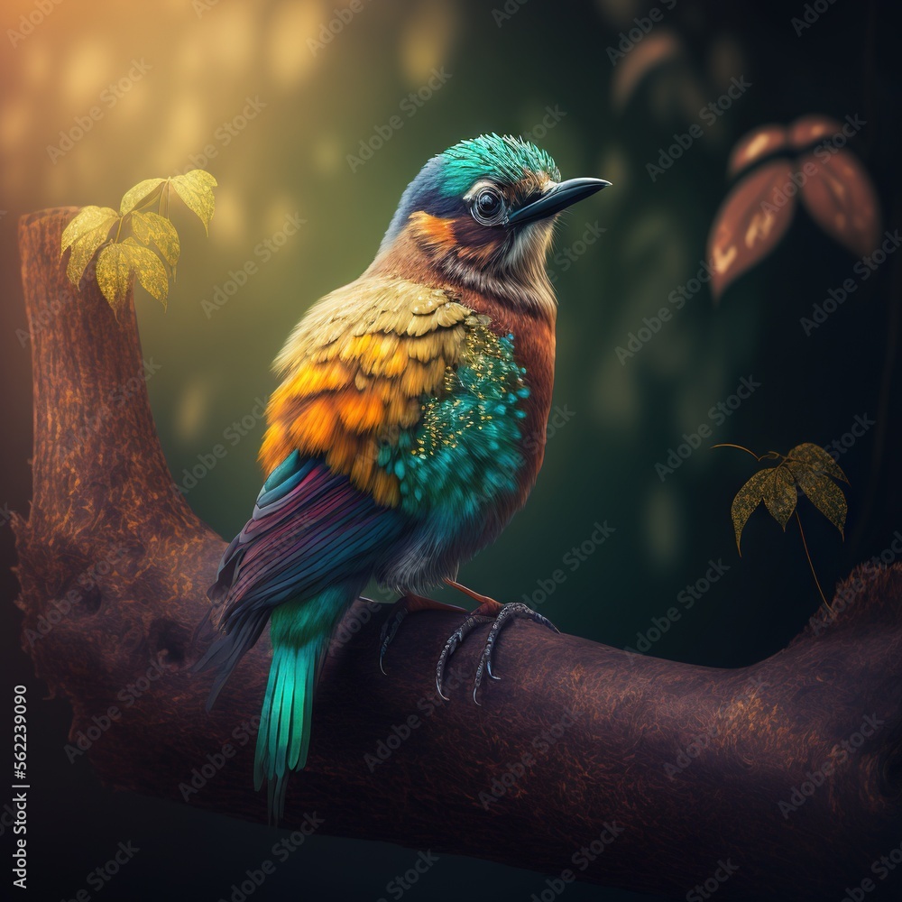 Poster a colorful bird sitting on a branch of a tree with leaves around it and a green background behind it
