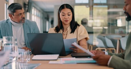 Office meeting, documents and business people review social media feedback, customer experience or user sales data. Marketing analytics consulting, collaboration and team analysis of online survey - Powered by Adobe