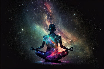Human chakra meditation comprehends the inner light energy. Spiritual healing energy. Abstract silhouette background.