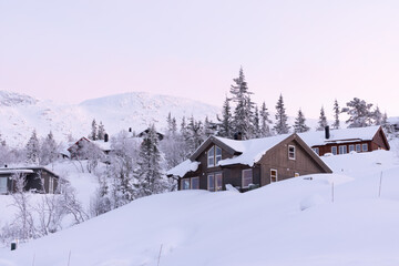Fototapeta na wymiar Log Cabin in mountains at winter
