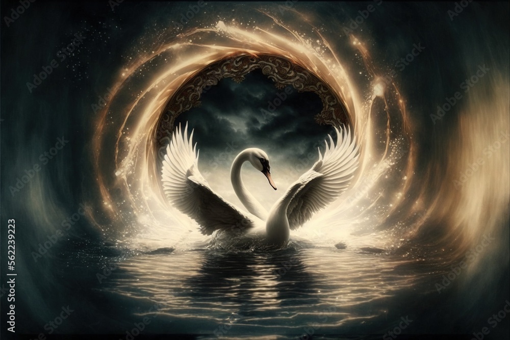 Poster a swan is floating in the water with its wings spread out and glowing in the dark sky above it is a 