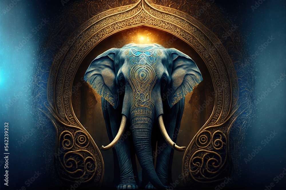 Aufkleber an elephant with a light shining on its head in a doorway with a light shining on it's head and a li