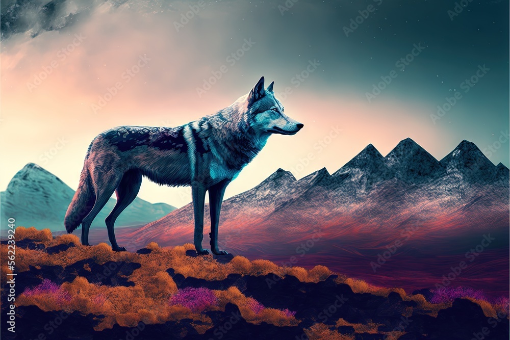 Aufkleber a wolf standing on a hill with mountains in the background and a sky with clouds above it and a red 