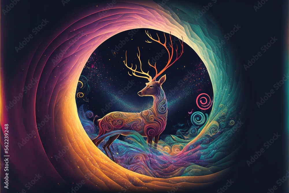 Aufkleber a painting of a deer standing in a tunnel with a sky background and a spiral design on the bottom of