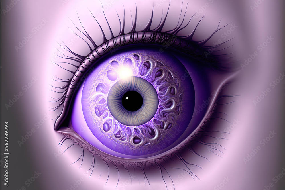 Poster a computer generated image of a purple eyeball with a black center and a white background with a whi