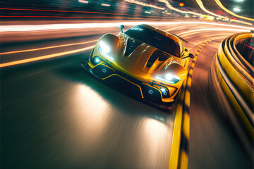  a yellow sports car driving down a city street at night time with motion blurs on the road and the lights of the cars behind it are blurry lights and the car lights on the road. generative ai