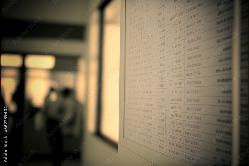 Poster a group of people walking down a hallway next to a wall with numbers on it and a sign on the wall th