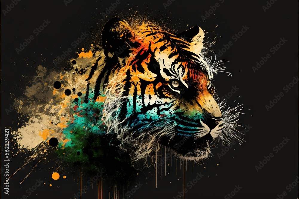 Aufkleber a tiger with a colorful background on a black background with a splash of paint on it's face and hea