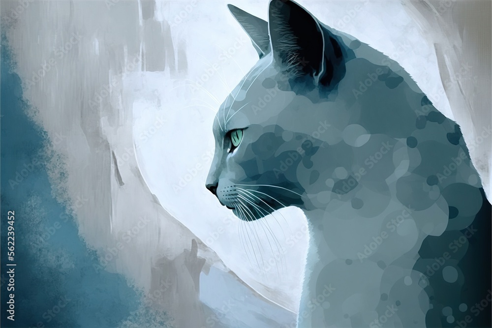 Poster a painting of a cat looking out a window at something blue and white is in the background and the ca