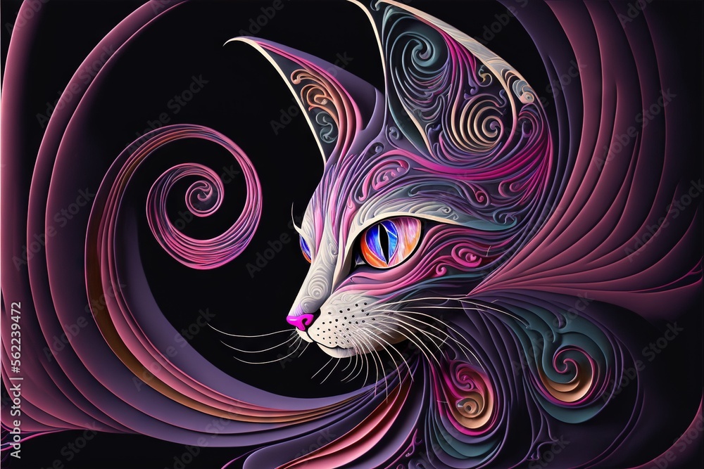 Poster a cat with a colorful swirly design on its face and eyes, looking to the side, with a black backgrou