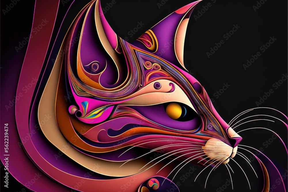 Poster a cat with a colorful pattern on its face and a black background with a white stripe around it's hea