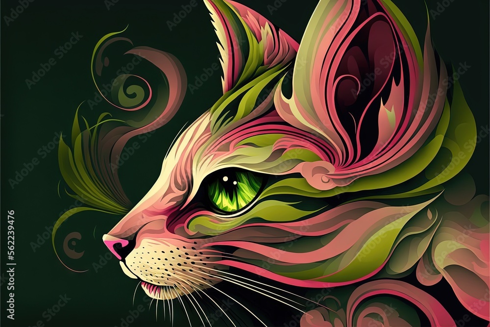 Poster a cat with green eyes and a pink tail with swirls on it's head and a green background with a black b