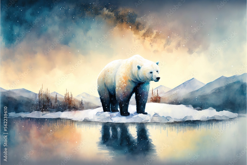 Poster a painting of a polar bear standing on a snow covered rock in the middle of a lake with mountains in