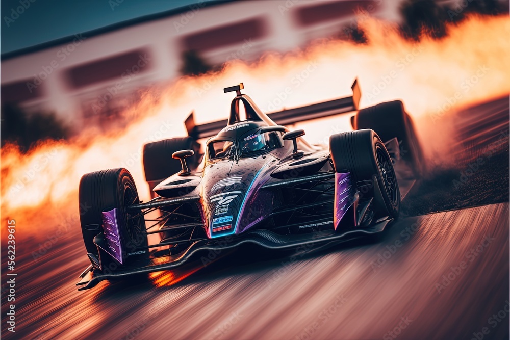 Poster a formula car driving on a race track with flames in the background, creating a blur effect the car 