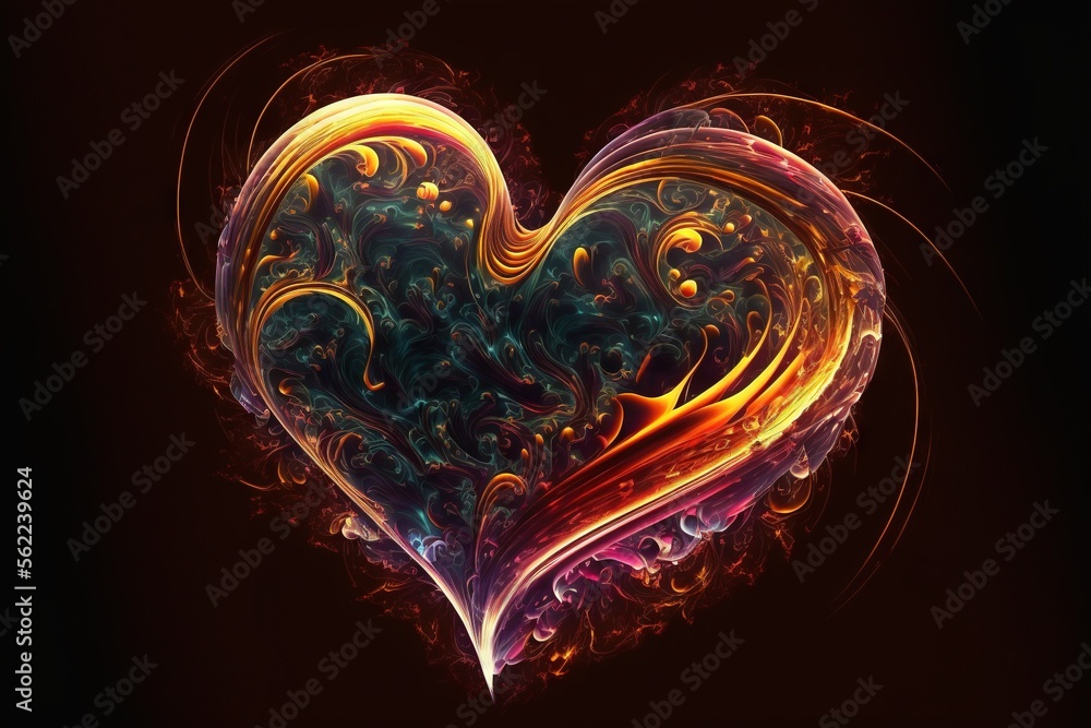 Poster a heart shaped object with a black background and a red background with a yellow and blue swirl in t