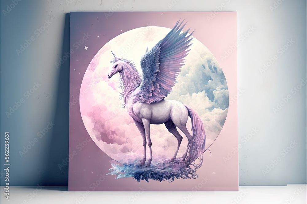 Poster a painting of a unicorn with wings on a pink background with a full moon in the background and cloud