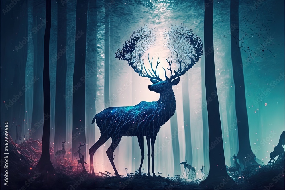 Poster a deer standing in the middle of a forest with trees and deer in the background, with a bright light