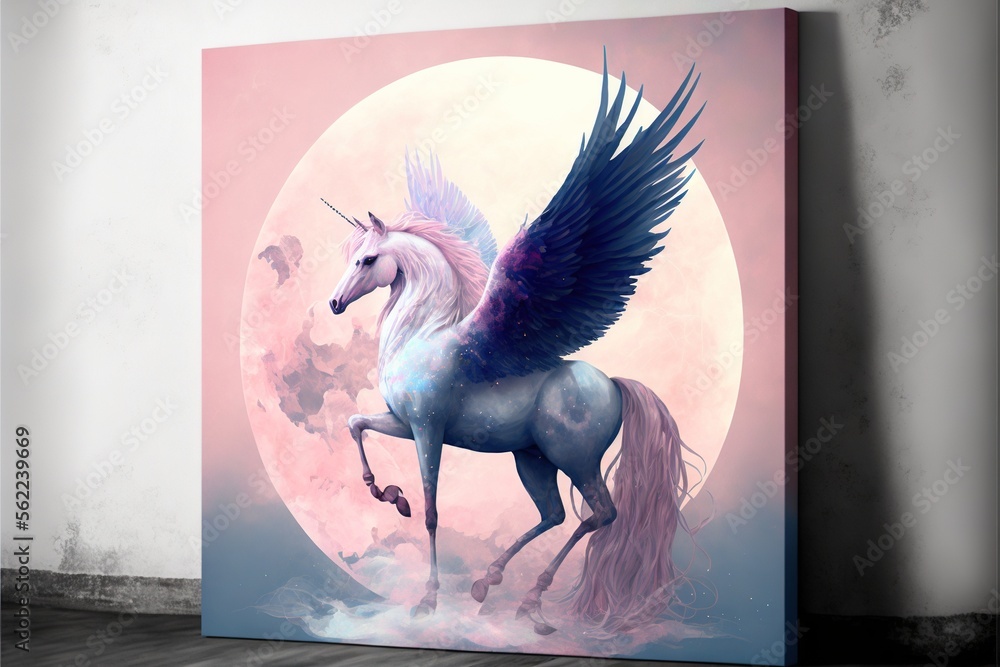 Poster a unicorn with wings standing in front of a full moon with a pink background and a pink sky behind i