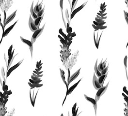 monochrome seamless pattern with tropical dried plant painted with gouache for textile
