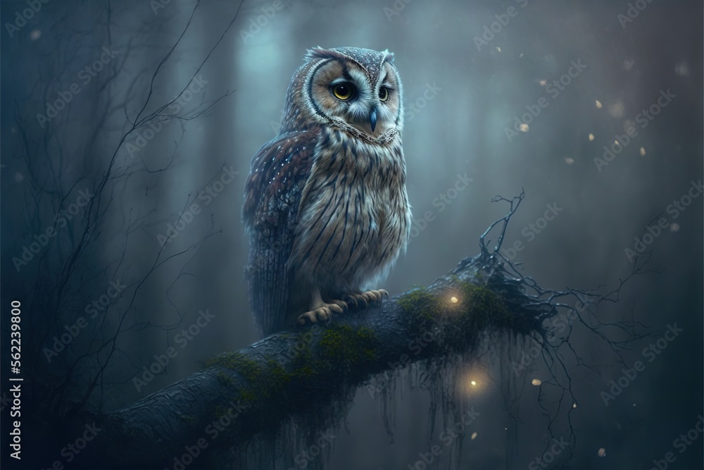 Poster an owl sitting on a branch in the dark forest with a light shining on it's eyes and a tree branch wi