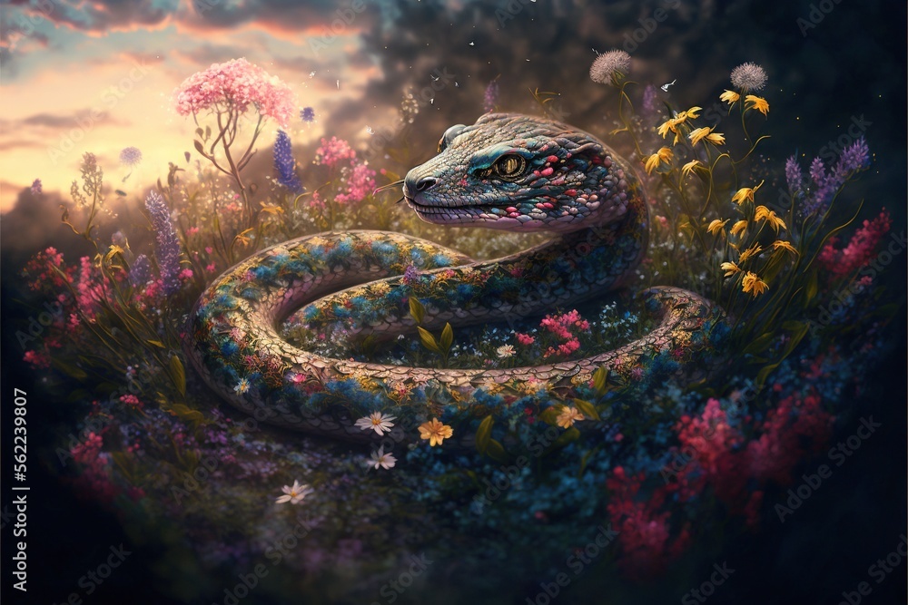 Poster a painting of a snake in a field of flowers with a sky background and clouds in the background, with