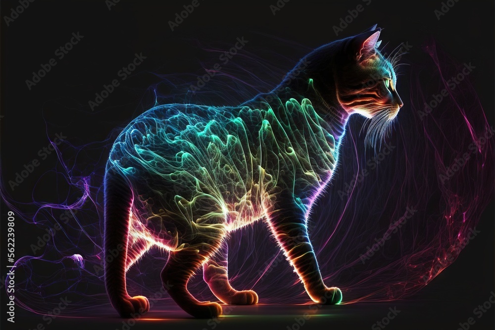 Poster a cat with a colorful pattern on its body and tail, standing in front of a black background with a n