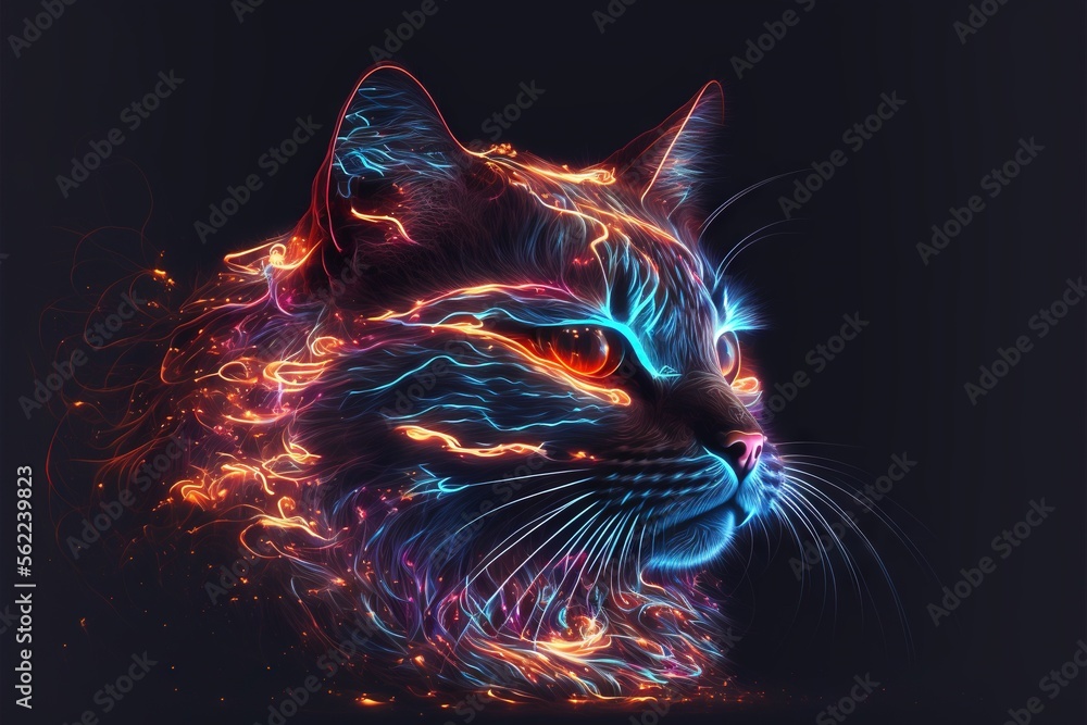 Poster a cat with a lot of glowing eyes and a black background with a red and blue pattern on it's face and