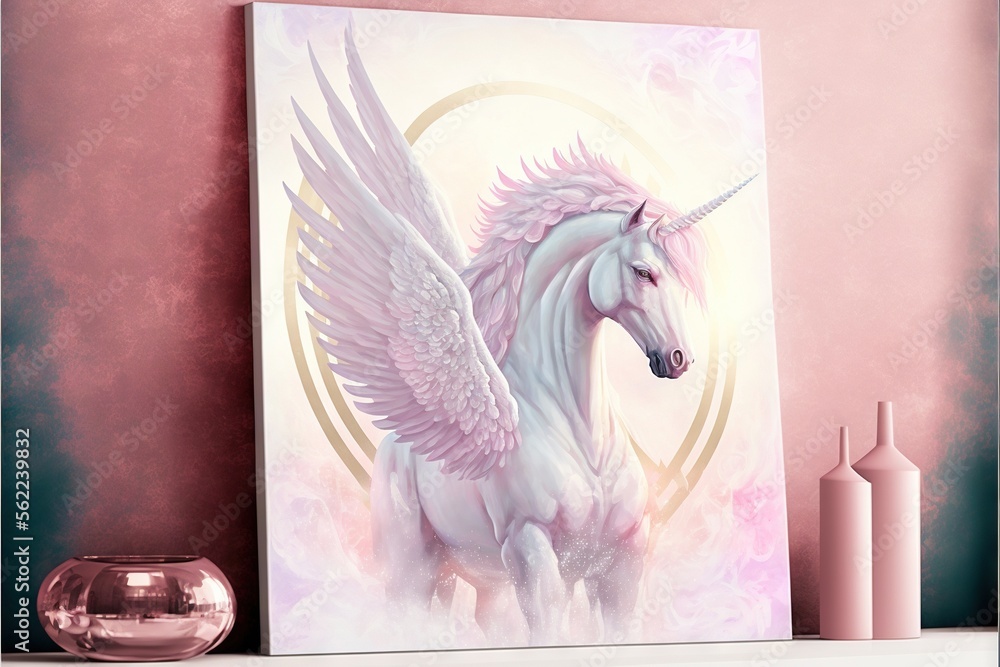 Poster a painting of a unicorn with wings on a shelf next to a vase and a vase with a pink flower in it and